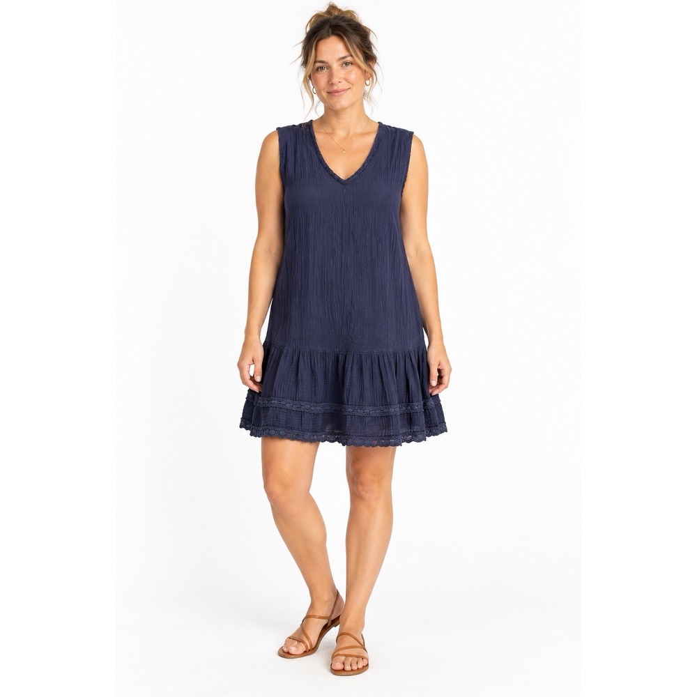Michael Stars Lisa Dress M Navy Cotton Gauze V Neck Crochet Boho Tiered Hem